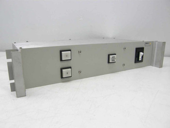 Varian VJC6767D8T7 VJC6767D5D Switch Control rackmount unit – front panel view showing two push-button switches and a toggle switch with rack ears