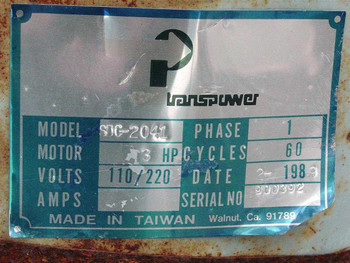 Transpower SDC-2041 rating plate showing Model SDC-2041, 3HP, 110/220V, 1-Phase, 60 Cycles, Date 2-1983, Made in Taiwan