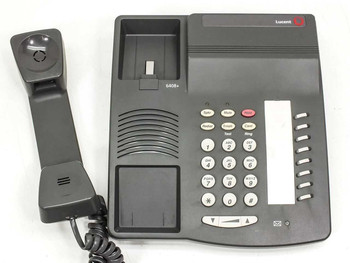 Lucent 6408Plus business desk phone — front face view showing 6408+ label, function buttons, keypad, and message waiting indicator