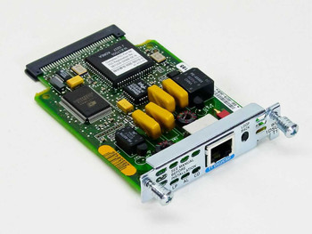 Cisco WIC-1DSU-T1 T1 DSU/CSU WAN Interface Card — angled top view showing PCB, yellow capacitors, main controller IC, and faceplate with RJ-48C port and LP/AL/CD LEDs