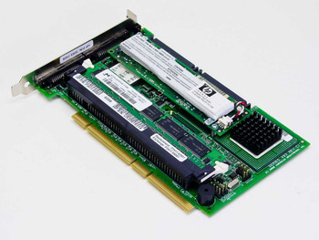 HP P3411-60001 NetRAID RAID controller card — reverse angled view showing PCI edge connector and LSI controller chip with heatsink