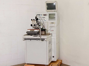 F&K Delvotec 6320 automatic wire bonder full system view with Nikon SMZ-1B scope and monitor on cabinet