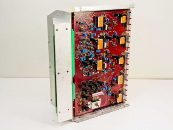 Varian Klystron Gen II board assembly — component side of red Control/Display Logic Board showing multiple orange capacitors, blue trimmer pots, and DIP ICs