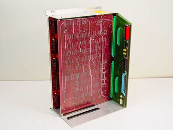 Varian Klystron Gen II Earth Station board set in aluminum chassis — solder side of red Display/Control Logic Board visible with green Patch Panel Board at right