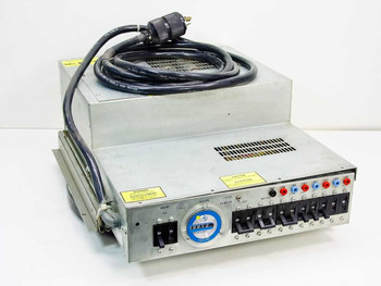 Magnetic Peripherals 47293669 Industrial Power Supply Module – front-left three-quarter view showing front panel controls, output switches, and attached AC twist-lock power cord