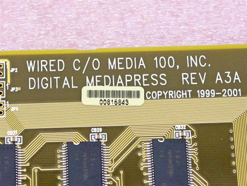 Media 100 DMP1 Supercharger PCB close-up showing 'WIRED C/O MEDIA 100, INC. DIGITAL MEDIAPRESS REV A3A' silkscreen label and barcode sticker 00816849
