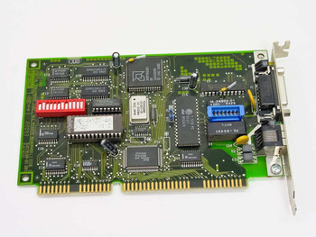 Digital DEC DE201 ISA Network Card – component side showing main controller IC, red dip switch bank, blue jumper headers, and ISA edge connector