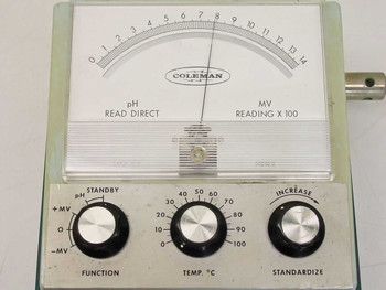 Coleman Metrion IV 28C – close-up of front panel showing pH Read Direct and MV Reading x100 scale, Function selector, Temp °C compensation knob, and Standardize/Increase knob