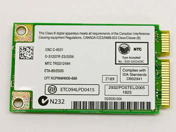 Intel WM3945ABG PRO/Wireless 3945ABG Mini PCI-E card — top side showing regulatory certification labels including NTC, ICES/NMB-003, and IDA markings