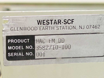Hughes 3582710-100 Westar-SCF product label showing model number 3582710-100, product code HAC FM DD, and serial number 001