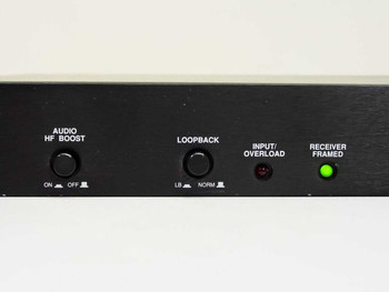 CCS Micro 56+ front panel close-up showing Audio HF Boost switch, Loopback switch, Input/Overload LED, and Receiver Framed LED