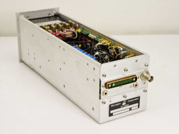 Microdyne 1111-VT RF Tuner – left-side three-quarter rear view showing open interior PCB, rear D-sub P1 connector, BNC J1 connector, and Microdyne Corporation label