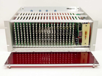 Matrix Systems 10360 rear interior view with front panel removed showing populated card cage backplane with relay and logic cards installed