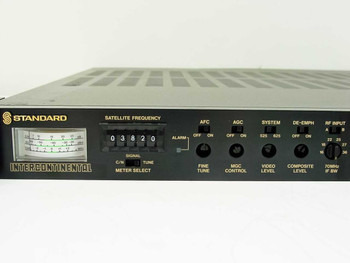 Standard MT900B front panel detail showing signal/C-N meter, satellite frequency counter reading 03820, AFC, AGC, System, De-Emphasis, and RF Input controls