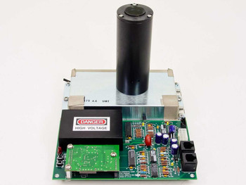 Ultrapointe 000276 PMT Preamp assembly – full front view showing PMT tube, high voltage module with Danger label, and green preamp PCB