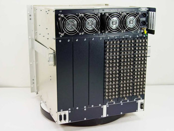 Philips BTS Venus RF-401 video router chassis rear view showing four cooling fans, module card cage, and VP-400A BNC I/O panels