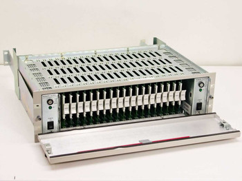 BTS RF-3000A rack opened showing 19 BAA-3000 analog audio mono distribution amp cards installed with PA-3001 power supply module