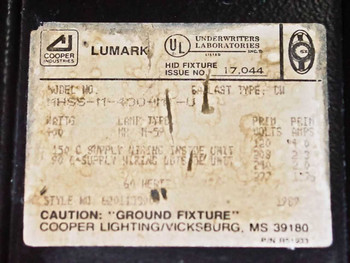 Lumark HID fixture rating plate label showing model MHSS-M-400-MT-U, 400W, multi-tap 120/208/240/277V, UL Listed, 1989