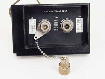 RF Tubing Calibrated Input Module 01000281-C – front panel closeup showing 'CALIBRATED AT TEST' label, two panel connectors, and printed dB and GHz calibration table (5925–6425 MHz)
