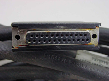 IBM 21F9350 cable DB25 female connector end — close-up showing 25-pin socket and molded housing with UL marking