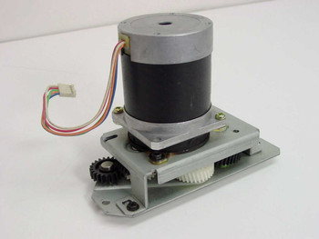 Shinano Kenshi STH-54D403 stepper motor gear assembly – rear three-quarter view showing spur gear train and aluminum mounting bracket