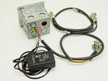 Extron RGB 406 rear/mounting box view with wiring pigtail, Extron 12V power supply, DB9 cable, and BNC breakout cable laid out