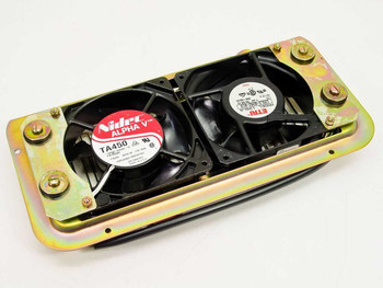 IBM 5699358 dual fan assembly top view showing Nidec TA450 and ETRI 125LG fans in metal chassis tray