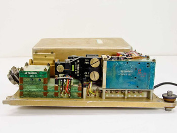 GE EM-1 RF Ground Test Unit waveguide assembly – three-quarter front view showing open frame with GE subassemblies, blue and green modules, and wiring harness