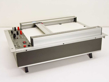 Linseis LY flatbed chart recorder — three-quarter front-left view showing control panel, paper carriage rails, and rubber feet