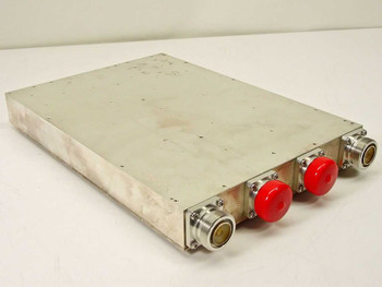CCI Duplexer 190-CU391-F1V6 – angled front-left view showing aluminum enclosure and red-capped N-type RF ports on right side