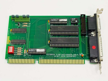 Feedback 15437A 16-Bit MICA Interface ISA Card front view showing NEC ICs, DIP ICs, dual DB25 connectors, and ISA edge connector