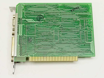 ATD Inc SA202 ISA I/O board – solder/bottom side showing ISA edge connector and PCB trace layout with two DB-type connectors visible on bracket