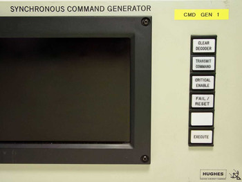 Hughes 3878523-100 Synchronous Command Generator front panel close-up showing Clear Decoder, Transmit Command, Critical Enable, Fail/Reset, and Execute buttons with CMD GEN 1 designation