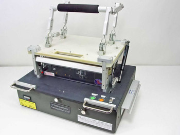 Circuit Check TF12000 Thermopile Laminator and Cutter — front-left three-quarter view showing overhead articulated arm assembly and base unit with label