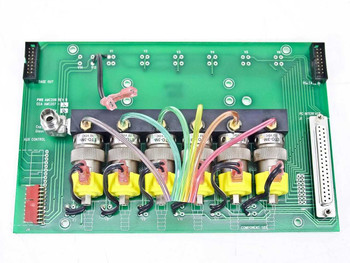 Dison AMC206 pneumatic manifold controller board top view showing 6 Clippard ETO-3M 12VDC solenoid valves mounted on manifold block with color-coded wiring and DB-37 PC interface connector