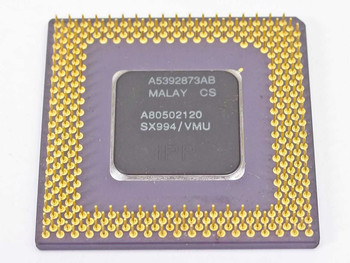 Intel Pentium SX994 A80502120 ceramic CPU – bottom view showing gold PGA pins and die markings A5392873AB, SX994/VMU