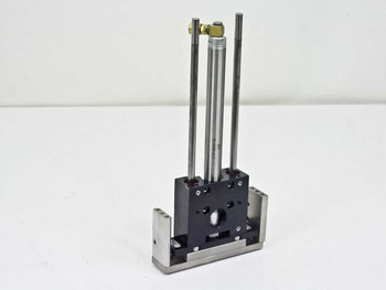 Bimba LT-025-D pneumatic cylinder assembly – side profile view showing dual shafts retracted and base plate mount