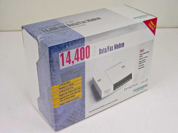 Microcom DeskPorte 14.4S 14400 bps Data/Fax Modem retail box – front and right side view showing 14,400 bps branding and modem unit