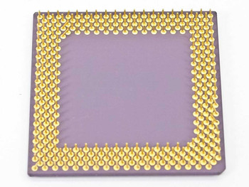 AMD K6-2/400AFR Socket 7 processor — underside showing full gold PGA pin array on ceramic substrate