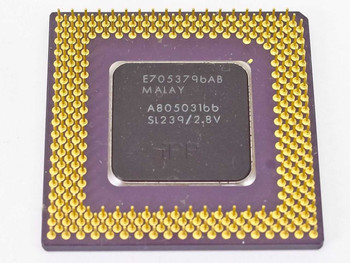 Intel Pentium MMX SL239 A80503166 – underside view showing gold PGA pins, die label reading A80503I66 SL239/2.8V, manufactured in Malaysia
