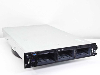 Dell PowerEdge 2850 2U rackmount server front view showing empty HDD bays, DVD drive, and floppy drive — no faceplate installed