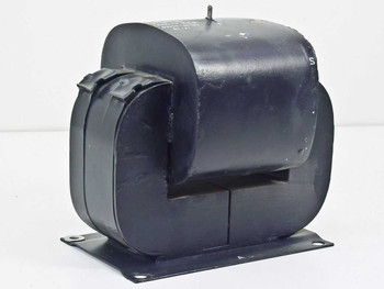 QT&E 4684 Varian MED klystron transformer – front-left view showing black epoxy-potted toroidal core and steel base flange with mounting holes