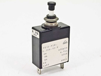 Airpax PP11-61F circuit breaker — right-side view showing second label with AC250V, Ue 4.75A, Ith 500A, Icn NETZ markings and UL listing mark
