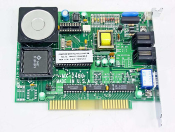 Calpak MX-2400 ISA fax modem card top view showing board components, MX-2400 Made in U.S.A. silkscreen, and FCC ID label