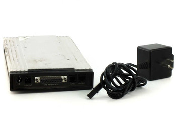 Hayes 2000US Smartmodem 9600 rear panel showing DB-25 DTE interface connector, 9VAC power jack, LINE and PHONE ports, with included AC power supply