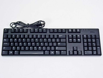 Dell N242F L30U Enhanced Slim USB Keyboard — top view showing full 104-key layout and attached USB cable