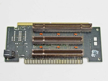 IBM 27F4630 MCA riser card — top/component side showing 3 Micro Channel Architecture expansion slots with orange retention clips and edge connector