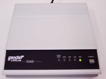Gandalf LANline 5242i front panel view showing VOICE/DATA, DATA, LINE, LAN, RUN LED indicators and CONNECT button