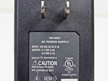 Motorola 163-0022 AC power supply label showing 120V input, 4.1 VDC 0.4A and 6.0 VDC 0.1A output, UL listed