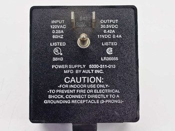 Ault 5330-311-013 TalkTo Power Unit – rear label showing input 120VAC 0.28A 60Hz, output 30.5VDC 0.42A and 11VDC 0.4A, UL and CSA listings